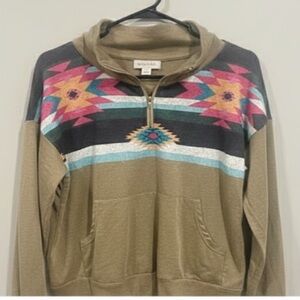 Western Aztec Quarter-Zip Pullover - Olive Green & Pink - Size M